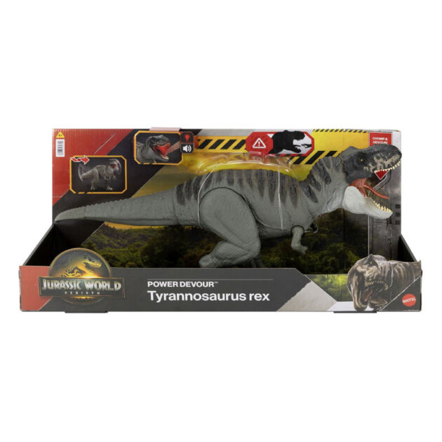 Jurassic World Rebirth Figura de Tiranosaurio Rex Power Devour con Luces, Sonidos y Mordiscos Continuos